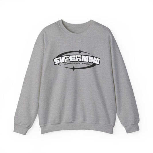  This unisex sweatshirt in an ash color showcases the phrase 'Supermum, and dogs best friend' by Dogs Pure Love, on a crisp white background.