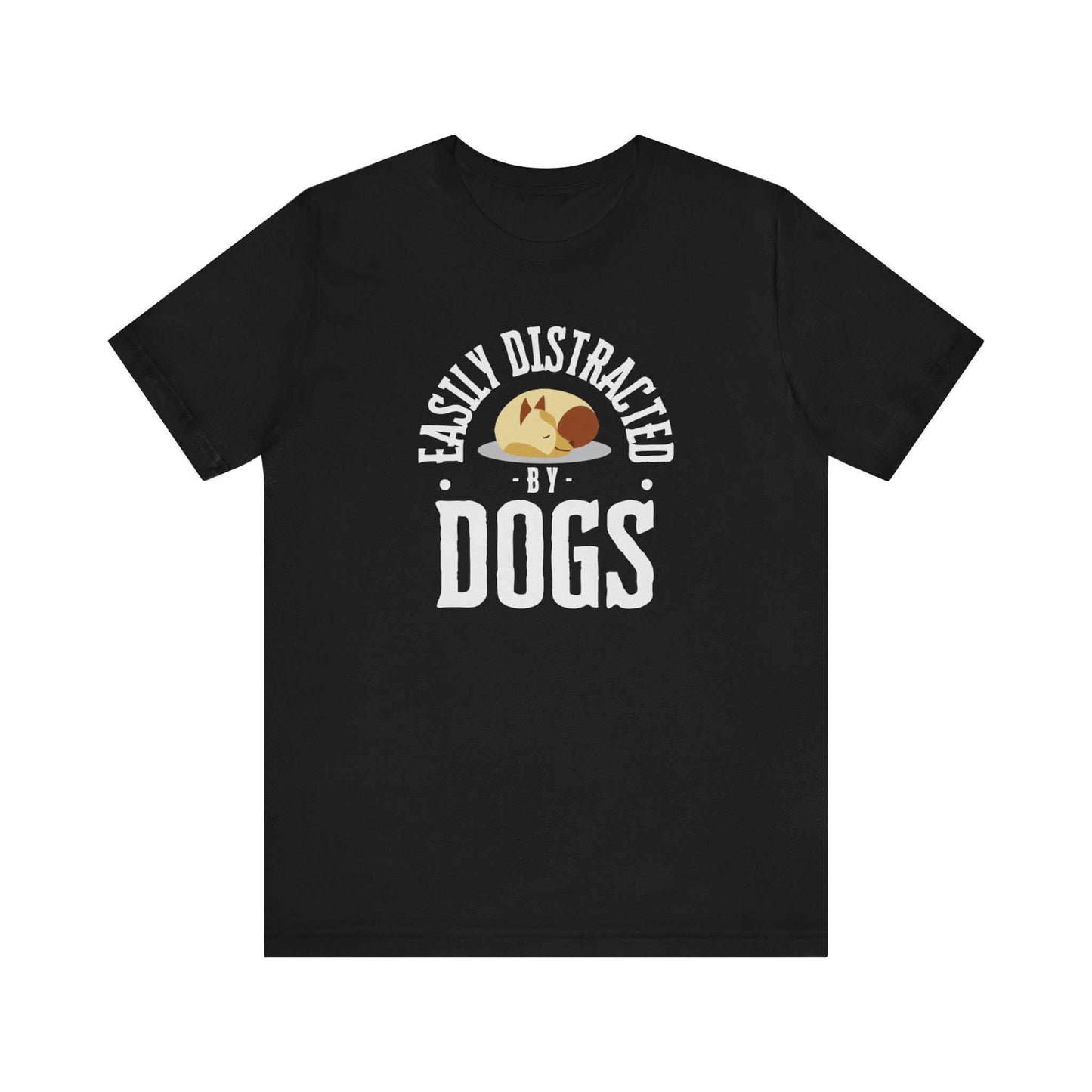  A Dogs Pure Love 'Easily Distracted by Dogs' unisex tee in black rests against a white backdrop.