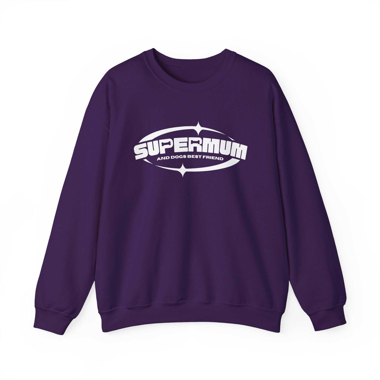  In purple, this unisex sweatshirt from Dogs Pure Love highlights the phrase 'Supermum, and dogs best friend' against a clean white backdrop.