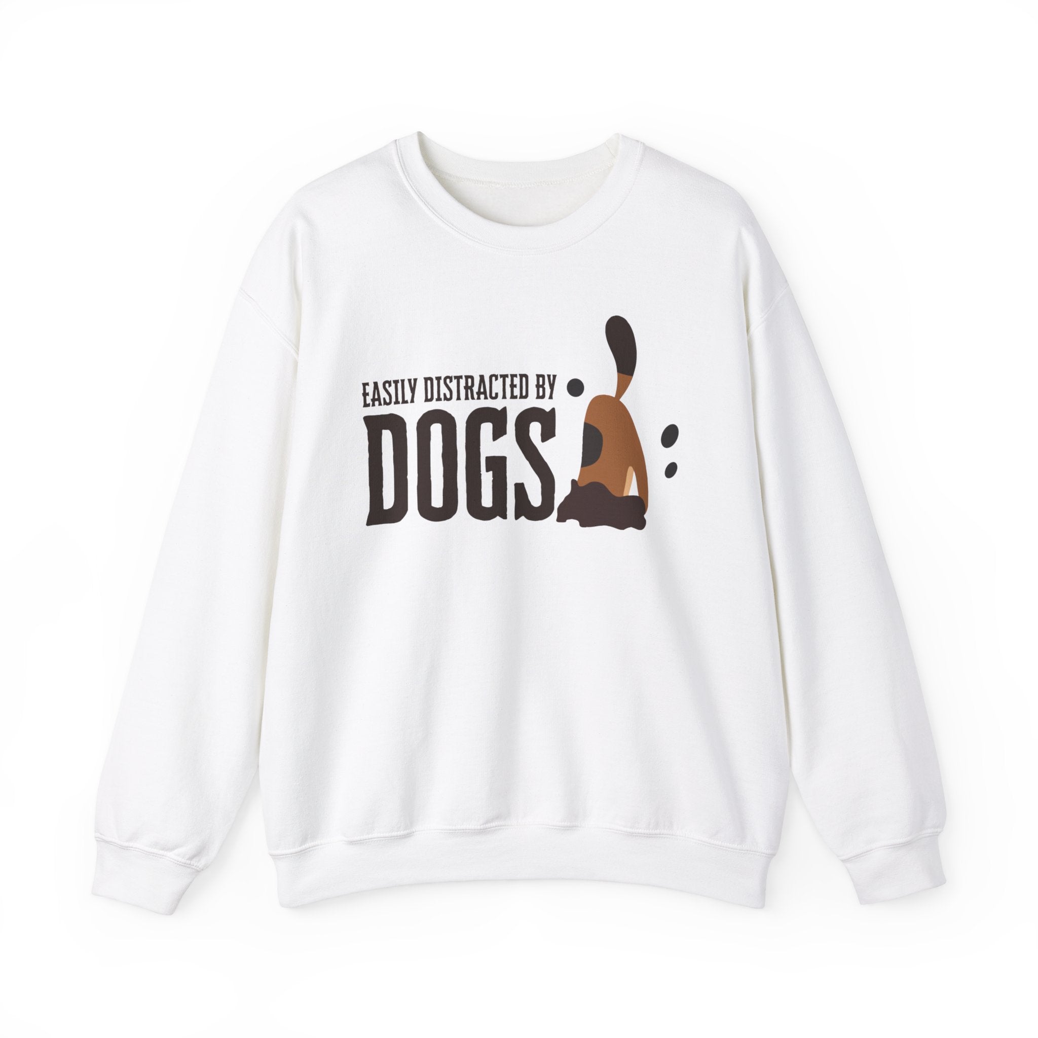 Against a white canvas, a ‘Dogs Pure Love, Dog Dig’ unisex white sweatshirt shows a dog digging with the slogan ‘Easily Distracted by Dogs.’