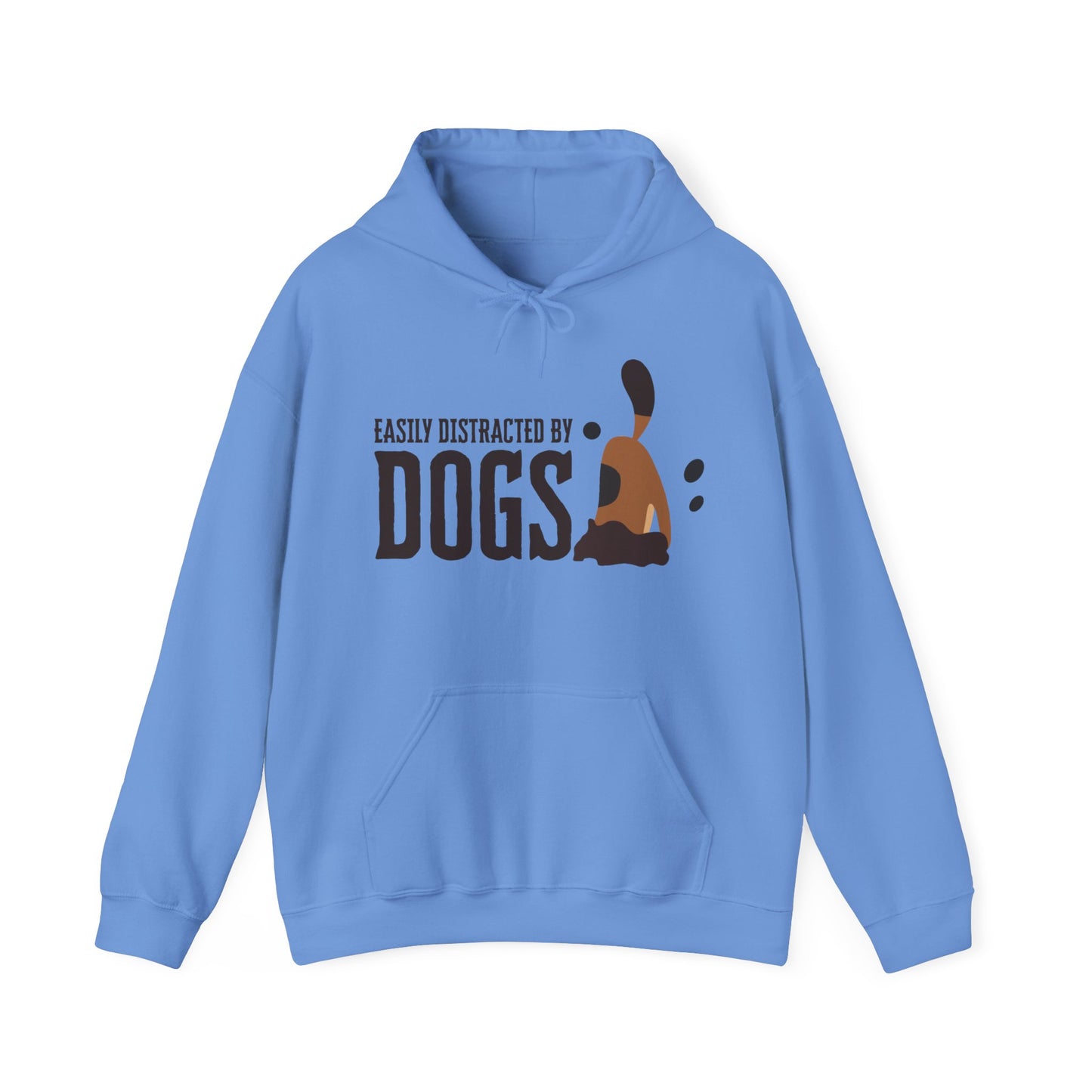 Against a white backdrop, a ‘Dogs Pure Love, Dog Dig’ unisex Carolina blue hooded sweatshirt highlights the slogan ‘Easily Distracted by Dogs,’ and a dog digging graphic.