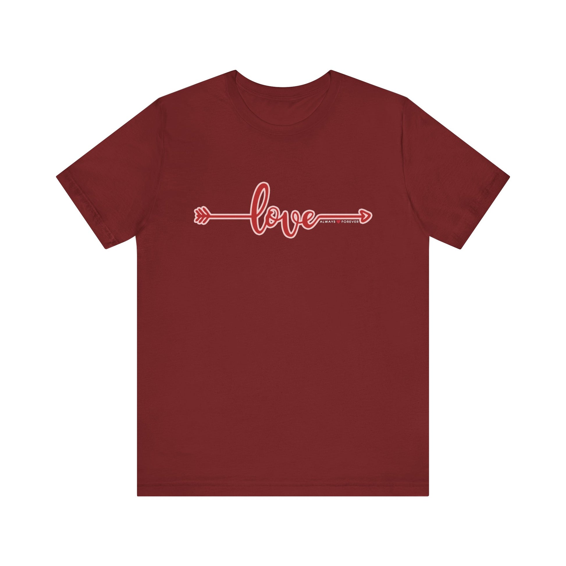 A Dogs Pure Love unisex cardinal red tee with the slogan 'Love, always and forever,' against a white backdrop.