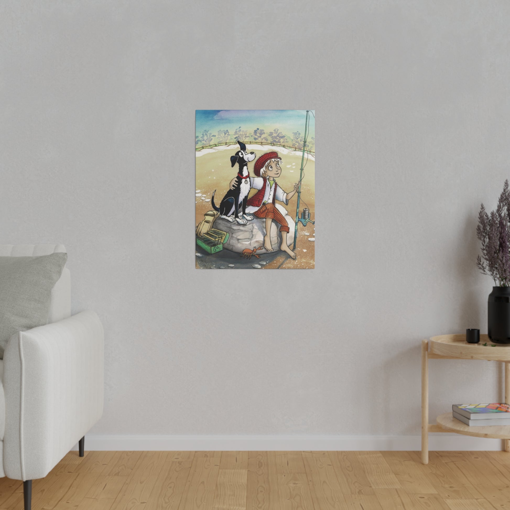 A 18" x 24" 'Dogs Pure Love Fishing' canvas hangs on a mauve colored living room wall.