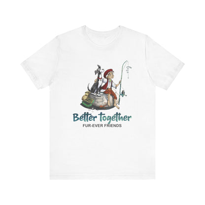 White background and a white unisex tee of 'Dogs Pure Love Better Together' illustration of a boy and dog at the beach.