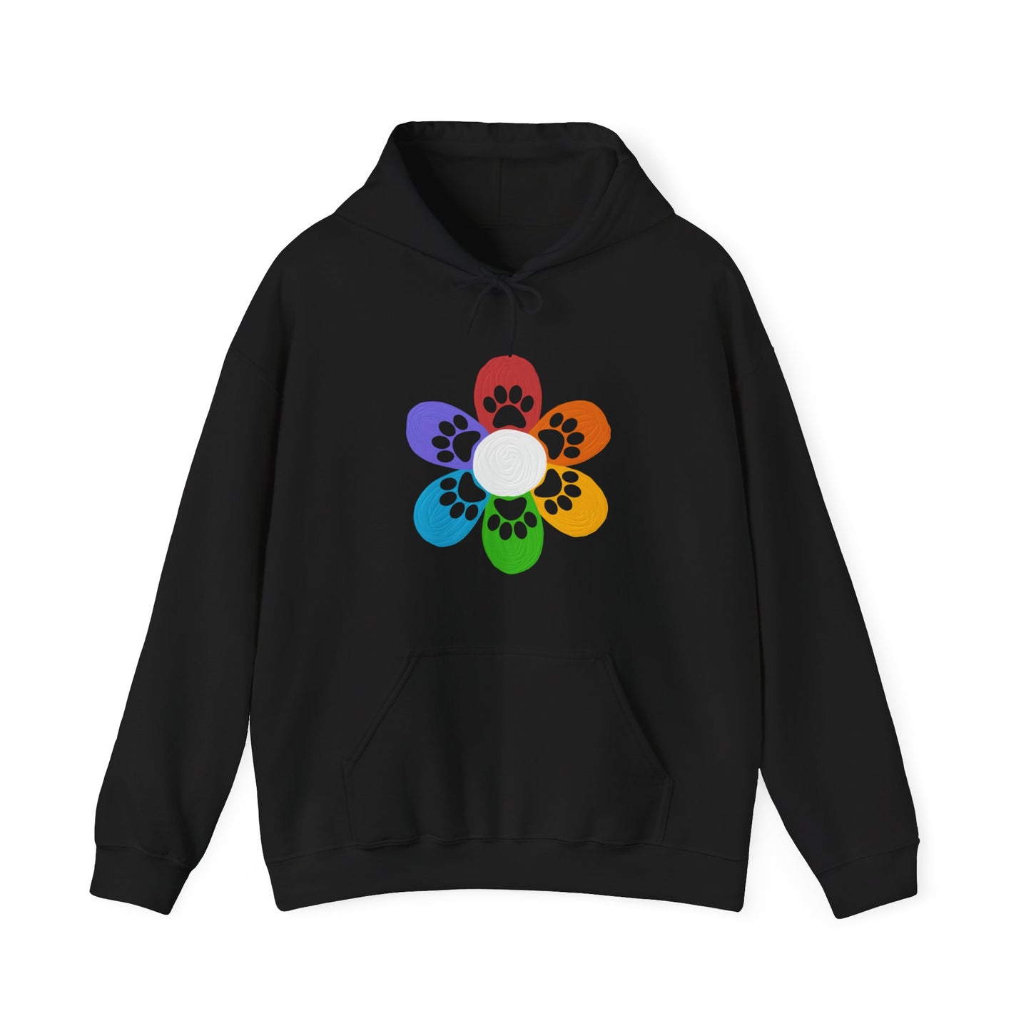Against a white backdrop is a black Dogs Pure Love hoodie displaying a colorful flower and dog paw print.