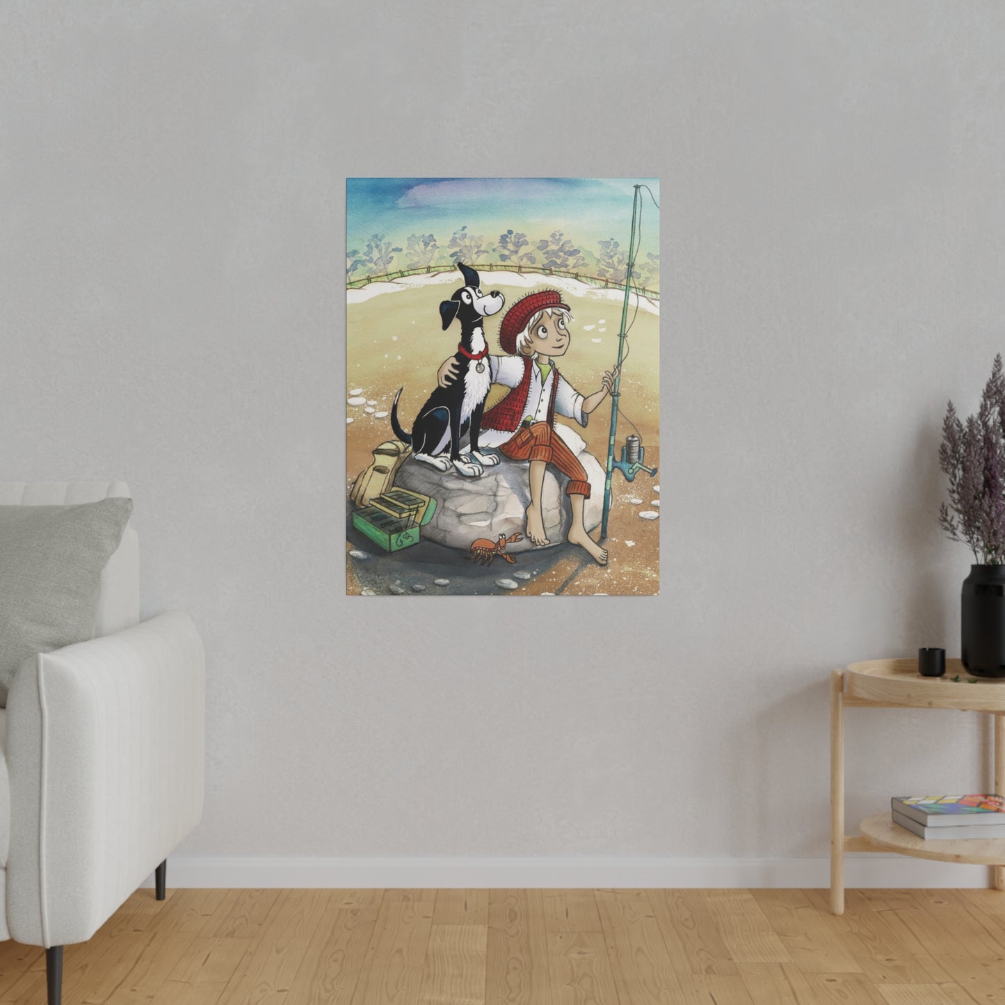 A 24" x 32" 'Dogs Pure Love Fishing' canvas hangs on a mauve colored living room wall.