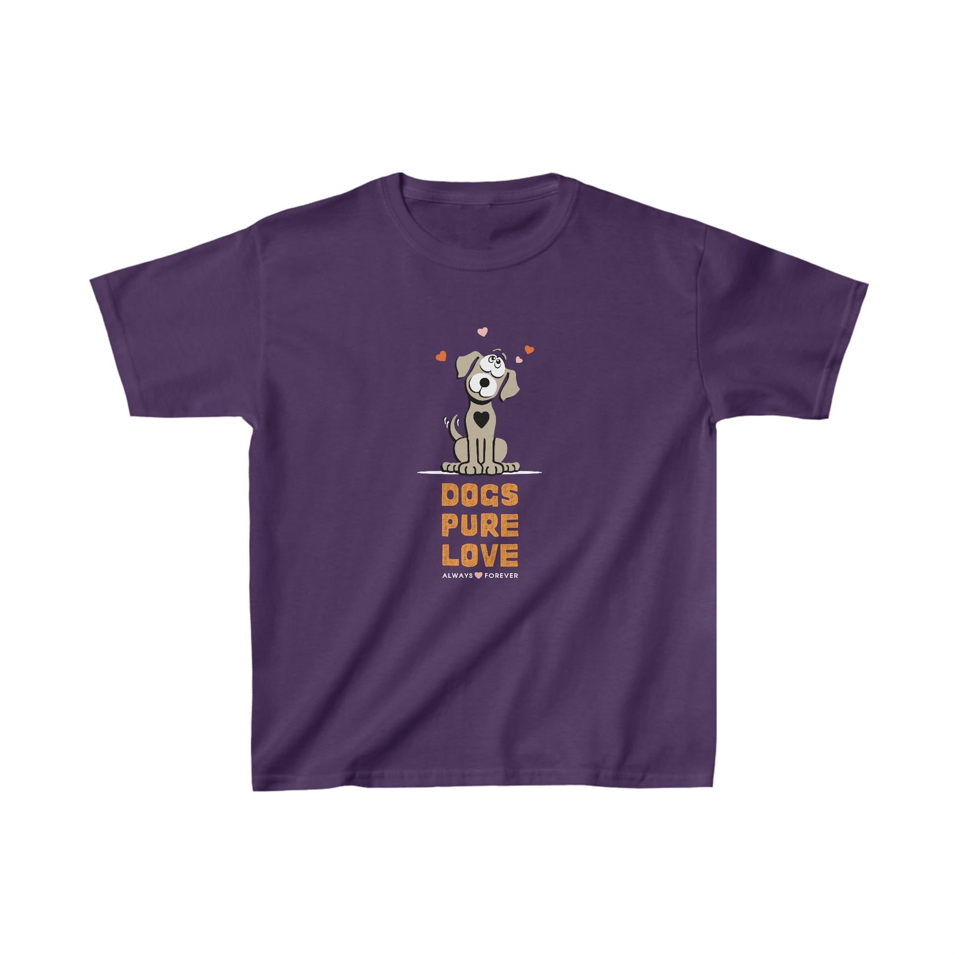 A Dogs Pure Love logo is featured on a purple unisex kids tee, against a white canvas.
