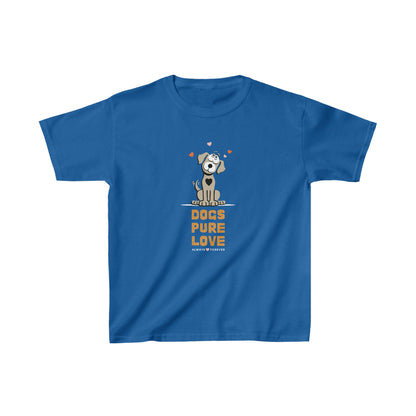 On a white canvas, the Dogs Pure Love logo is prominently featured on a blue unisex kids tee.