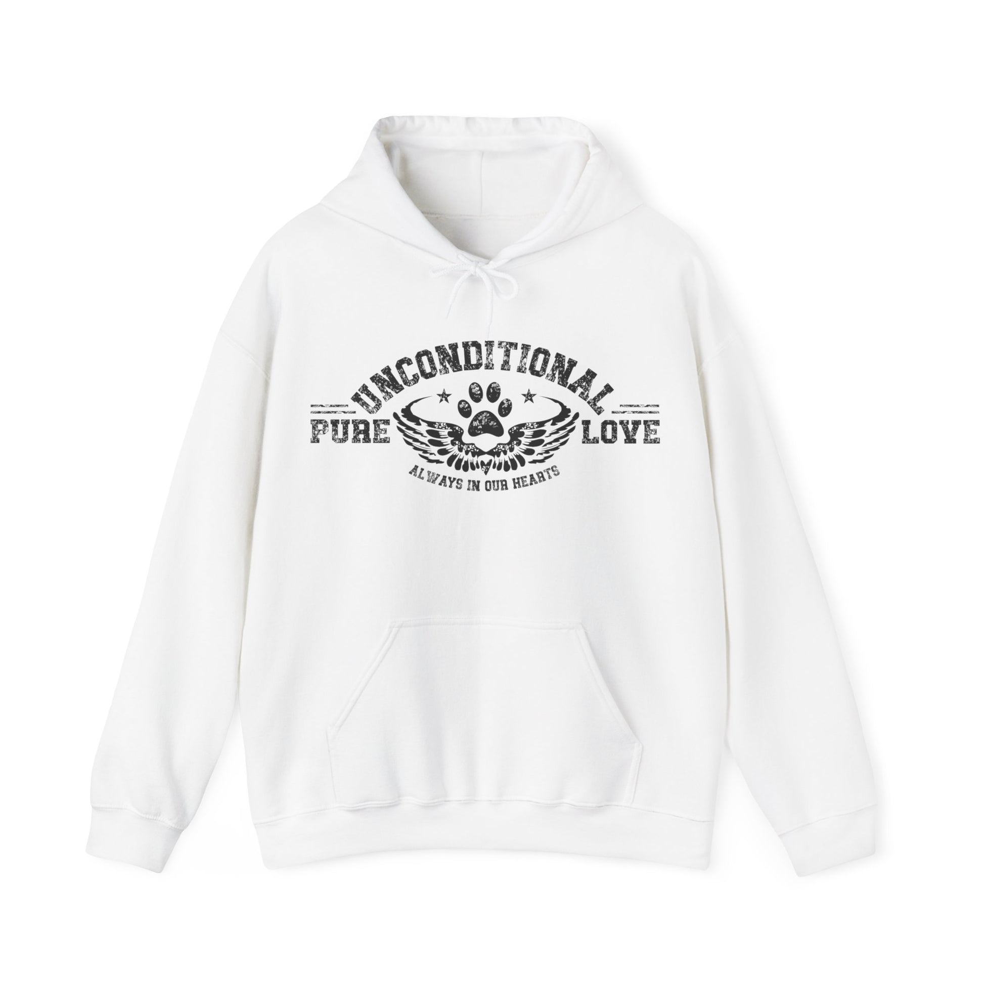 The Dogs Pure Love unisex hoodie, designed in white, gracefully features the empowering slogan 'Unconditional Pure Love, always in our hearts.' This resonant message is highlighted against a backdrop of pristine white.