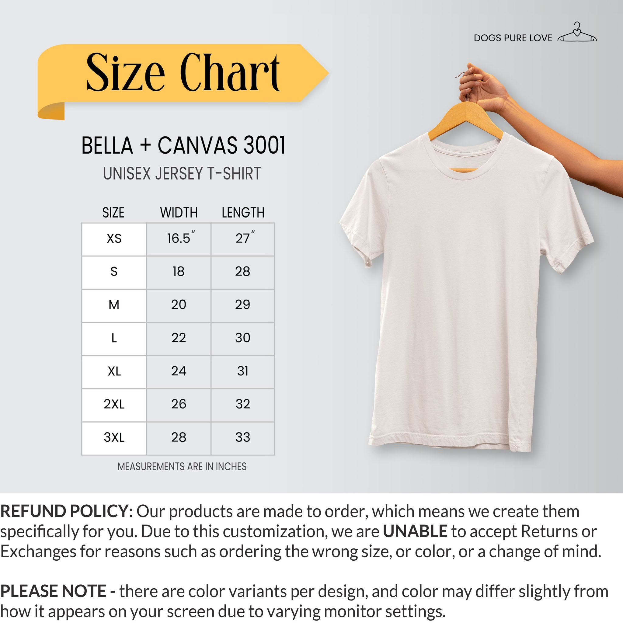 A T-Shirt Size Chart by Dogs Pure Love displays measurements and a short Refund Policy description.