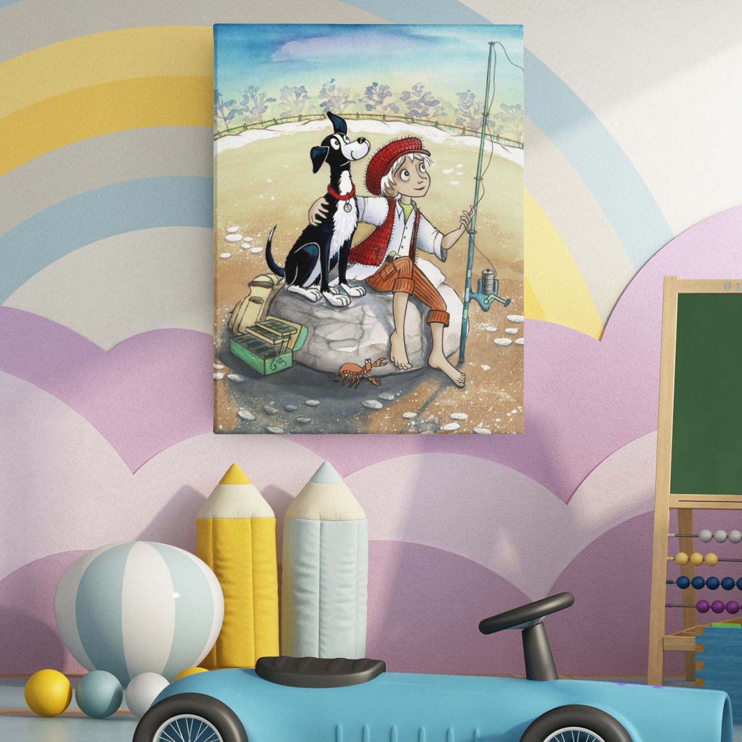'Dogs Pure Love Fishing Canvas,' illustration of a boy and dog fishing. The canvas is hanging on a colorful wall in a children's room.
