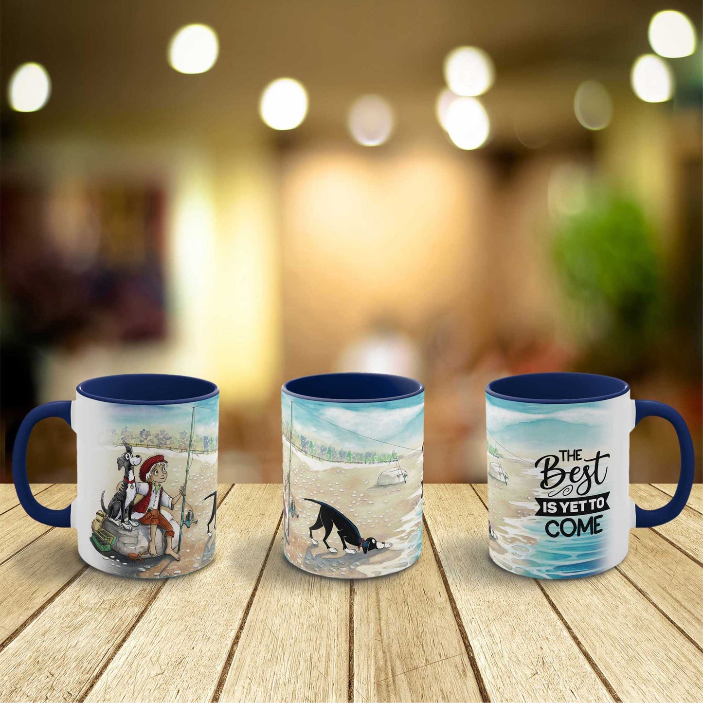  Three two-toned Dogs Pure Love ceramic mugs, featuring different perspectives of a beach scene illustration and the text 'The best is yet to come,' are arranged neatly on a wooden bench, against a vibrant, blurred background.