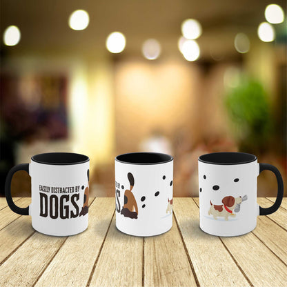 Three black and white ceramic mugs featuring 'Dogs Pure Love, Dog Dig' designs are arranged neatly on a wooden bench, displaying the playful text and cartoon dogs from every perspective against a vibrant, blurred background.