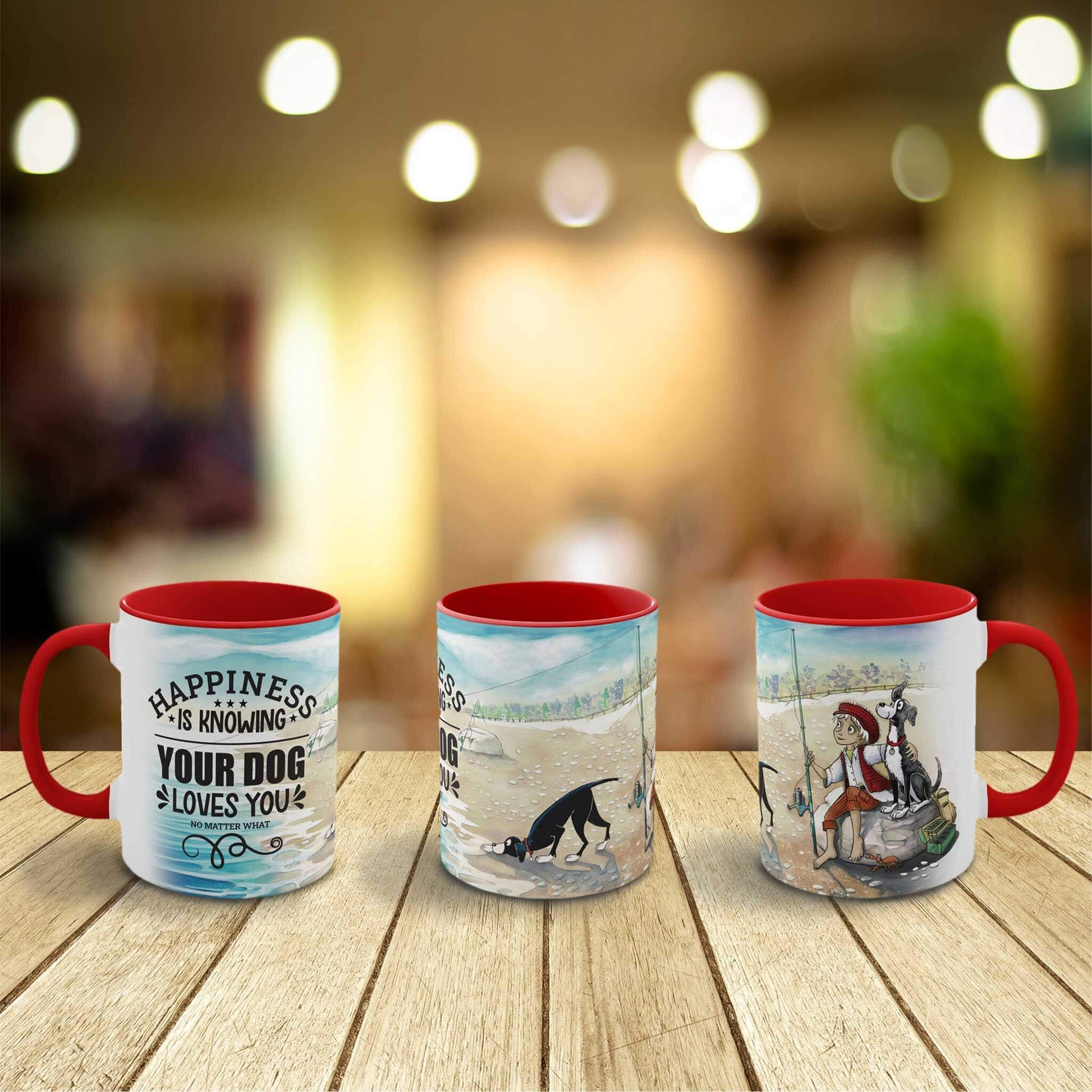  Three ceramic mugs, each adorned with 'Dogs Pure Love, Happiness Is' designs in red and white, are neatly arranged on a wooden bench. The playful text and illustration of a boy and dog fishing are displayed from every angle against a vibrant, blurred background.