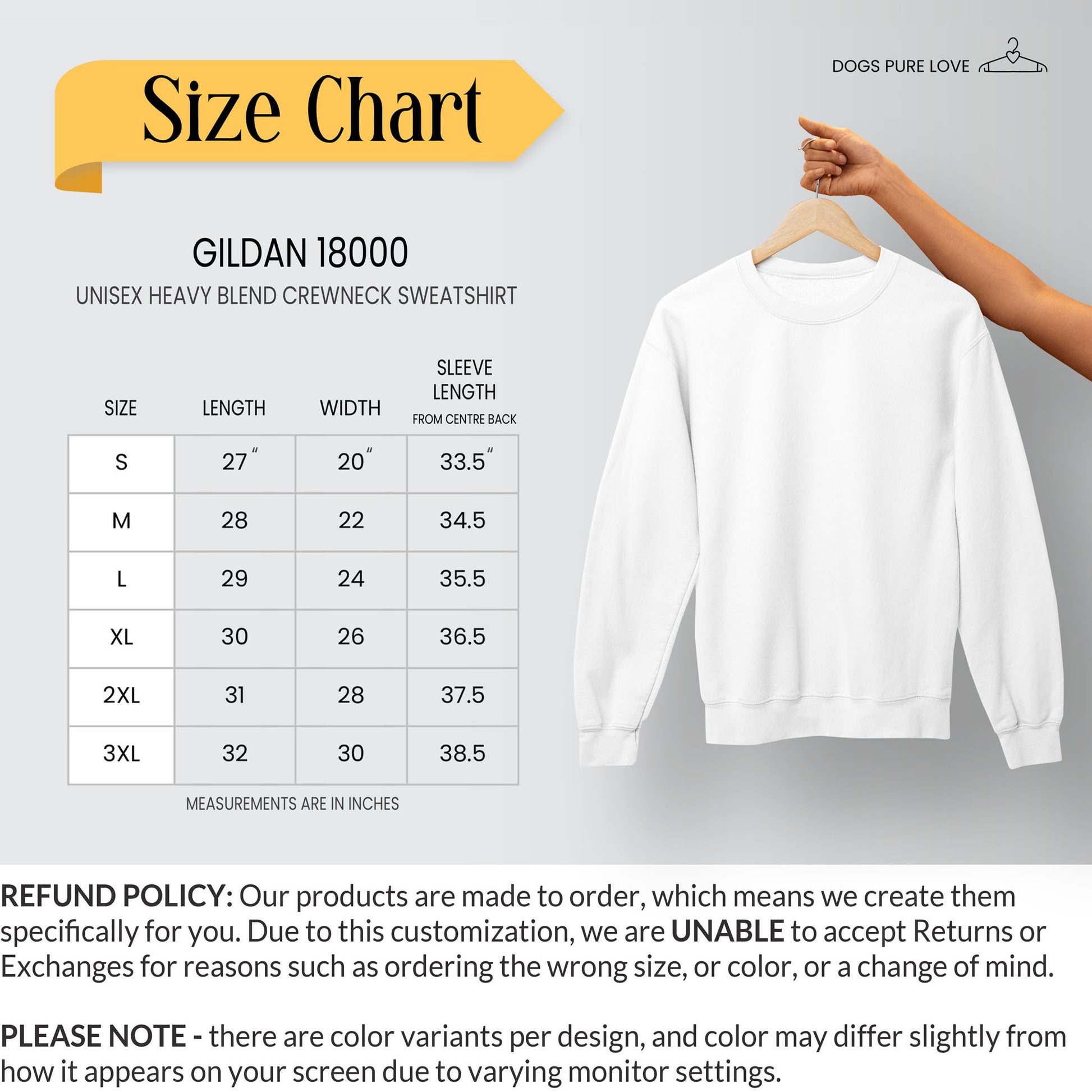 A sweatshirt size chart with measurements displays a Refund Policy description.