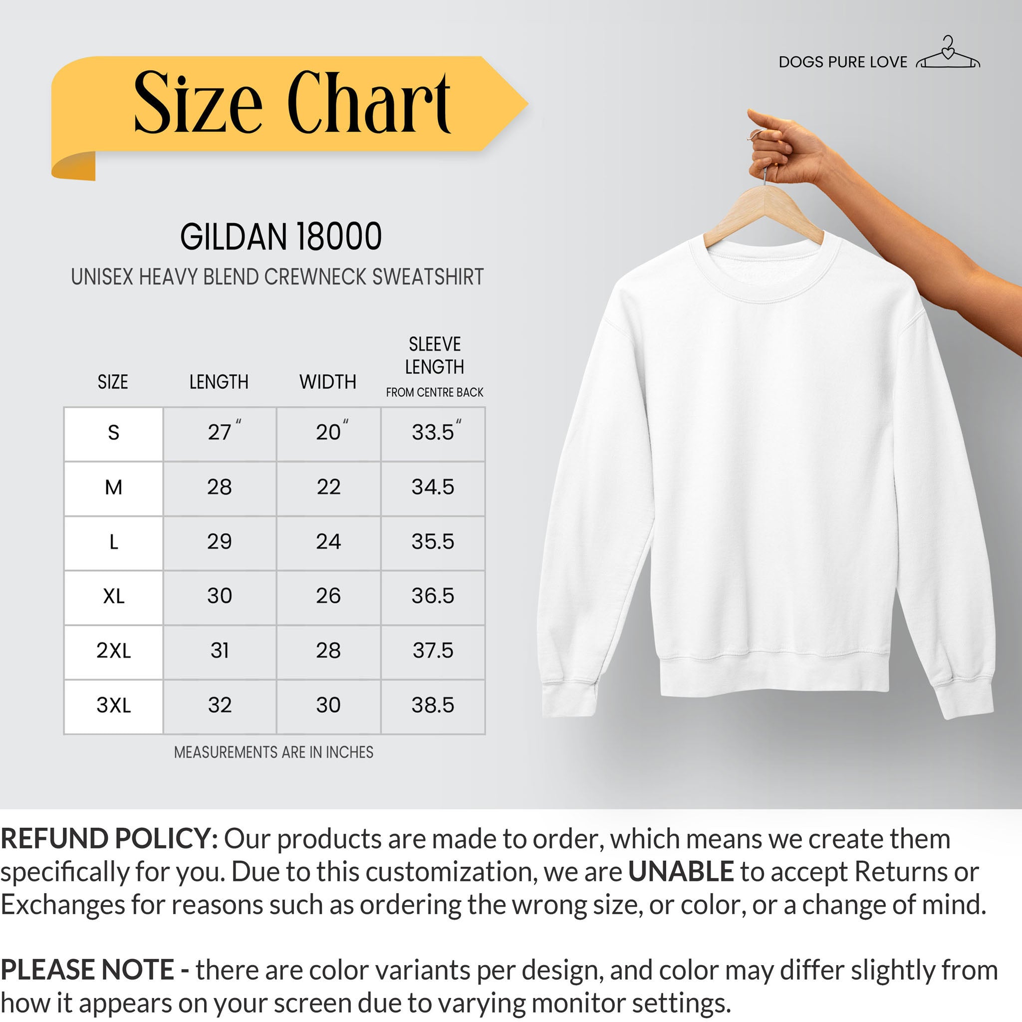 A Size Chart by Dogs Pure Love displays sweatshirt measurements and a short description of the Refund Policy.