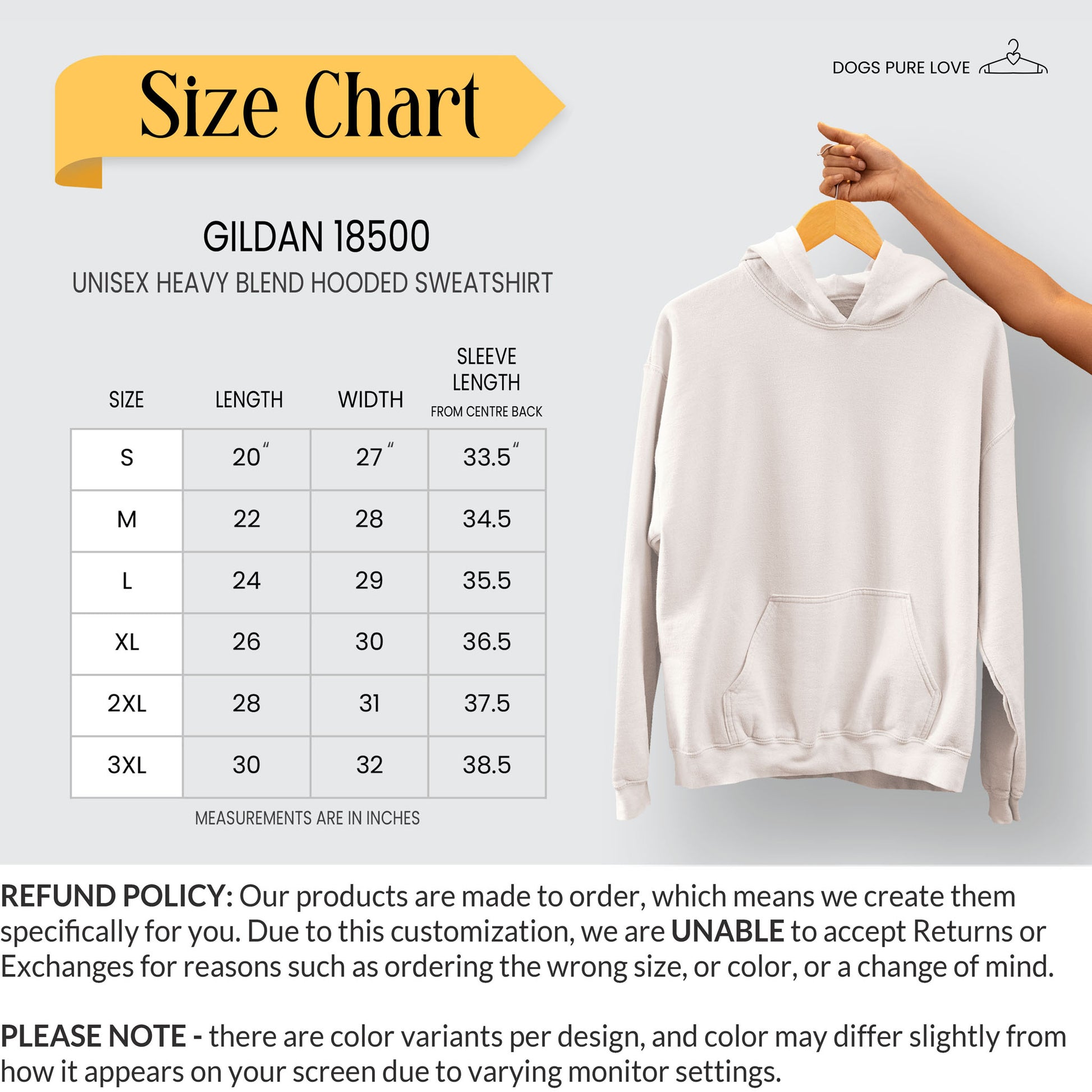 A size chart for Dogs Pure Love hoodies, and a brief Refund Policy description is shown.