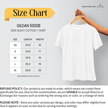 The Dogs Pure Love kids tee size chart displays measurements alongside a Refund Policy.