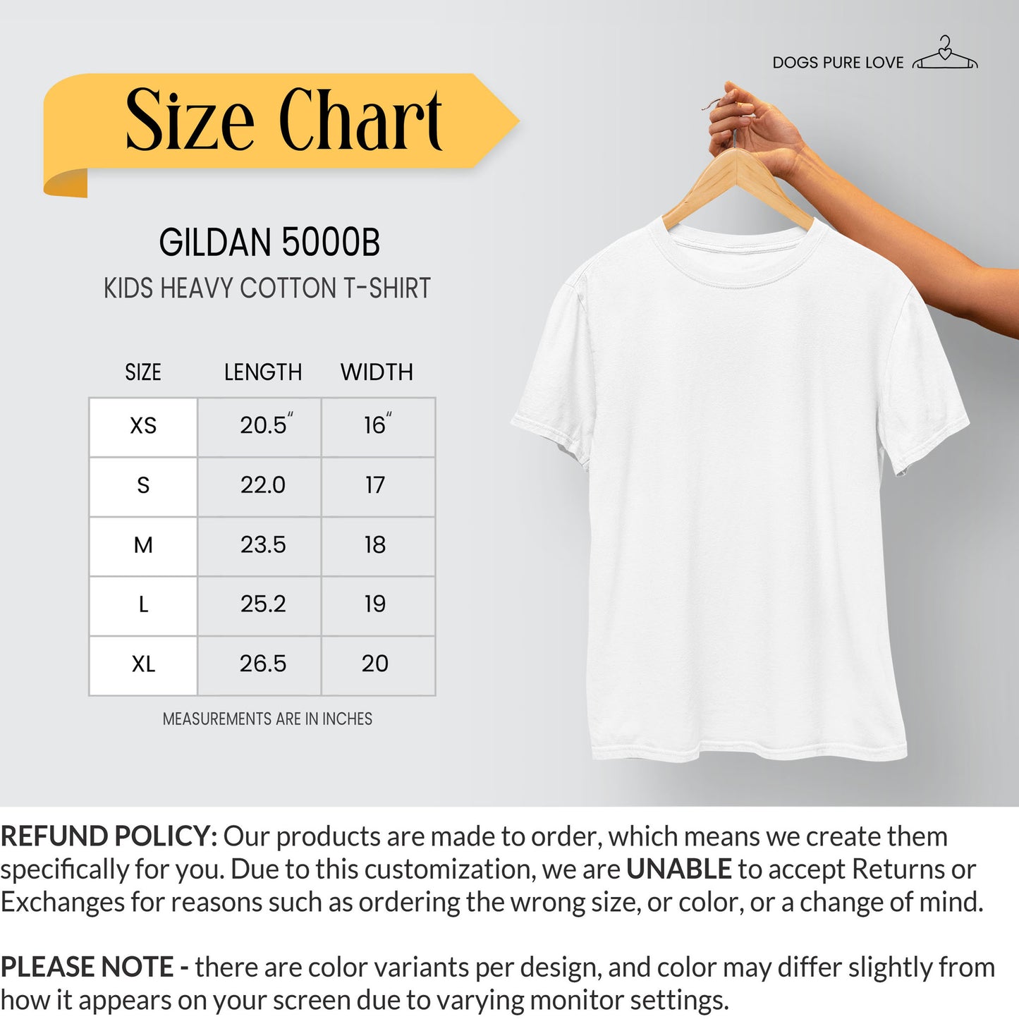 A kids tee size chart by Dogs Pure Love shows measurements and a small Refund Policy description.