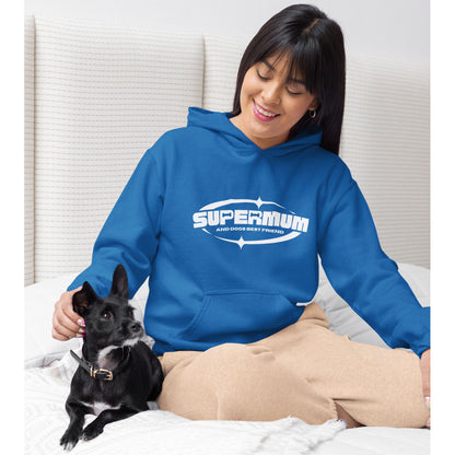 A woman wearing a Dogs Pure Love hoodie sits smiling at her Chihuahua as she scratches its neck.