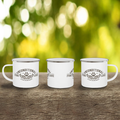 Three enamel mugs are arranged on a wooden block to display the print ‘Unconditional Pure Love, always and forever’ designed by Dogs Pure Love from every perspective, set against a vibrant, blurred background.