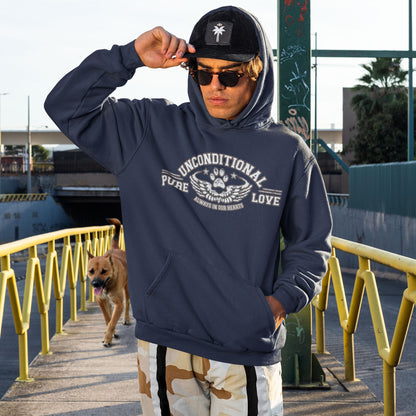  As a man crosses a bridge, he wears a navy blue hoodie by Dogs Pure Love, adorned with the heartfelt slogan 'Unconditional Pure Love, always in our hearts,' while his faithful dog follows closely behind.