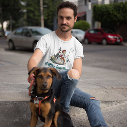 A man sits on a street curb with his dog wearing a 'Dogs Pure Love Better Together' unisex t-shirt.